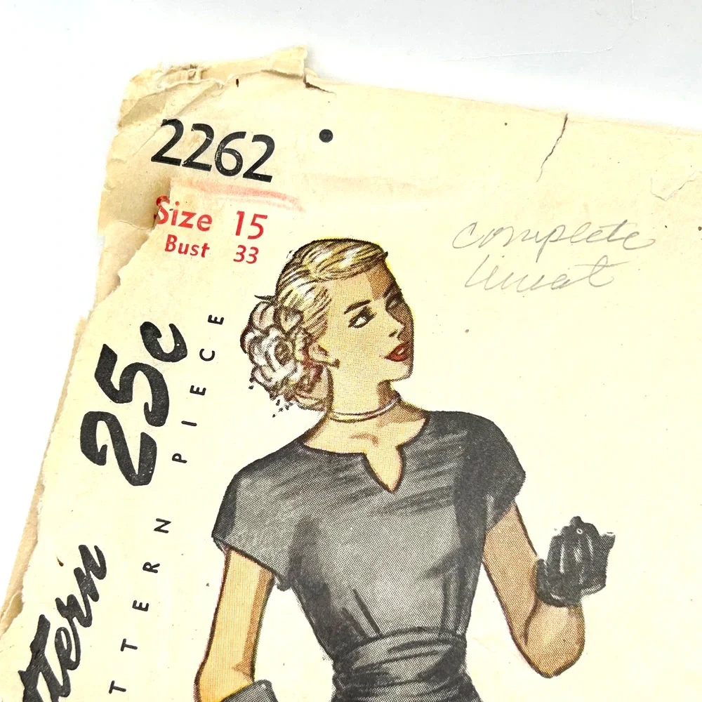 Simplicity Vintage 1947 Pattern #2262 Jr. Misses Dress & Cummerbund‎ Size 15